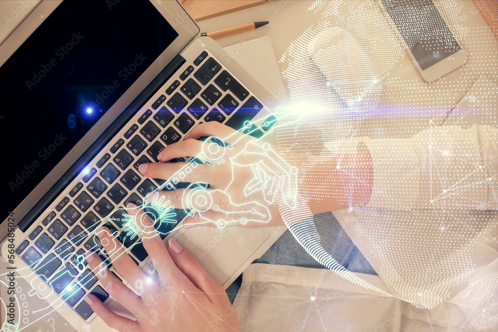 Poster double exposure of woman hands working on computer and tech theme hologram drawing. top view. techno