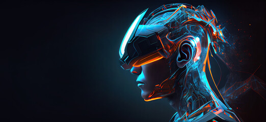 Generative AI illustration of Metaverse concept and virtual world elements. Side view of human face in augmented or virtual reality headset inside the metaverse