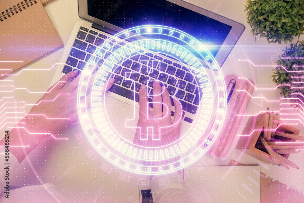 Poster double exposure of woman hands working on computer and blockchain theme hologram drawing. top view. 