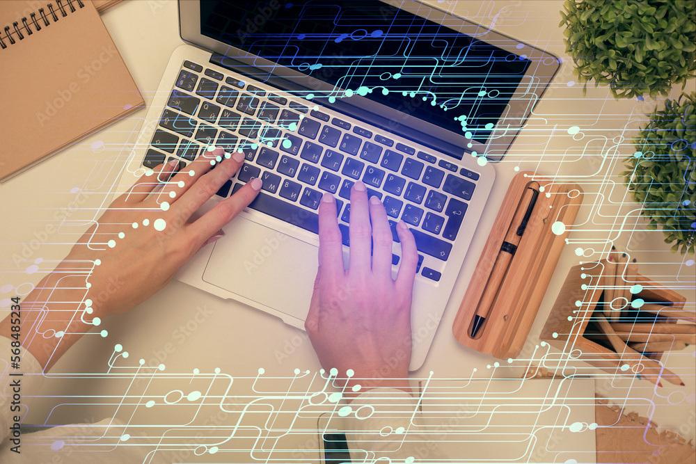 Poster Double exposure of woman hands working on computer and data theme hologram drawing. Top View. Technology concept.