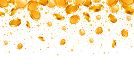 Golden rain of a lot of gold coins. Money flying and falling from the top. Luxury design element for business, finance etc. Isolated on transparent background. Vector realistic 3d illustration
