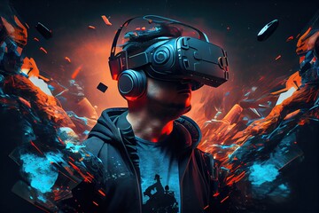 Fototapeta na wymiar Generative AI illustration of man with virtual reality VR goggle playing AR augmented reality game and entertainment, futuristic metaverse gameFi NFT game ideas