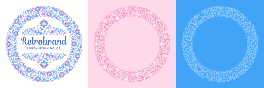 Set of circle frames with arabesque floral ornament and place for text. Round borders in Arabian style with flowers and leaves. Vector illustration