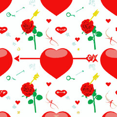 Large red heart with an arrow through it. Roses and hearts on a white background
