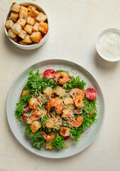 caesar salad, with shrimp, on a white background, homemade, no people,
