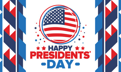 Happy Presidents day in United States. Washington's Birthday. Federal holiday in America. Celebrated in February. Patriotic american elements. Poster, banner and background. Vector illustration