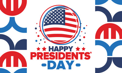 Happy Presidents day in United States. Washington's Birthday. Federal holiday in America. Celebrated in February. Patriotic american elements. Poster, banner and background. Vector illustration
