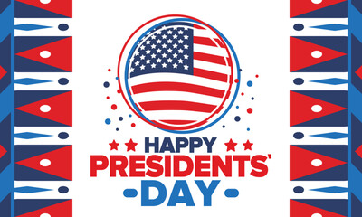 Happy Presidents day in United States. Washington's Birthday. Federal holiday in America. Celebrated in February. Patriotic american elements. Poster, banner and background. Vector illustration