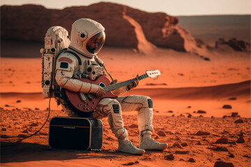 Astronaut playing guitar on alien planet, practicing music, lifestyle and journey concept, ai generated art - obrazy, fototapety, plakaty