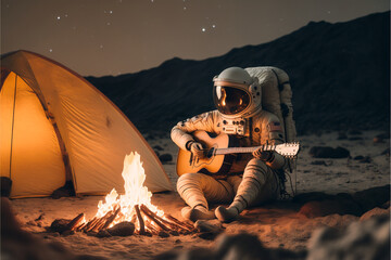 Astronaut playing guitar in the evening near campfire and tent on alien planet, practicing music, lifestyle and journey concept, ai generated art - obrazy, fototapety, plakaty