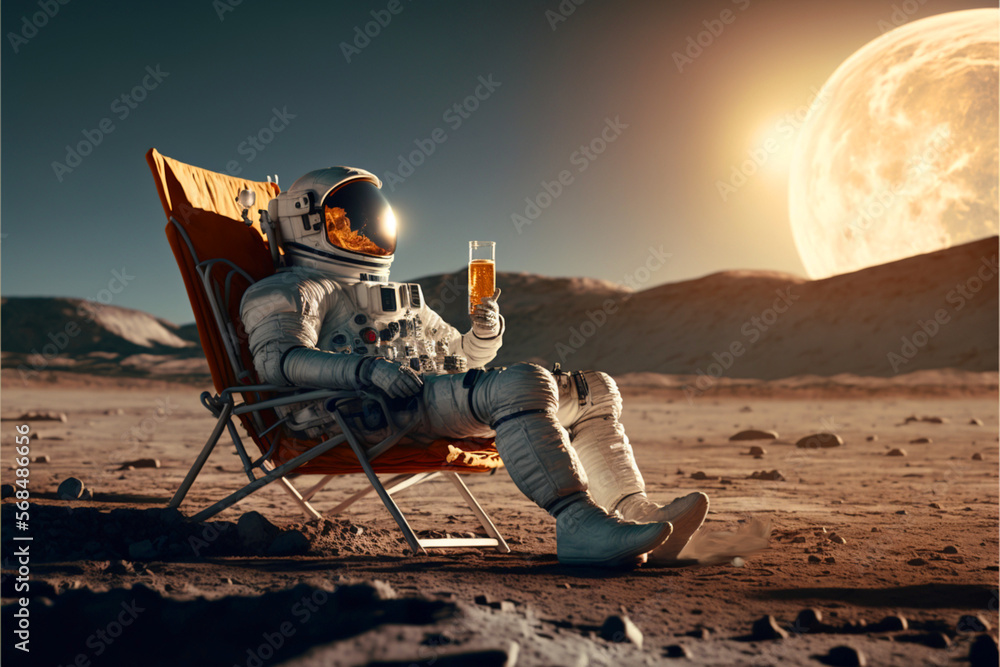 Wall mural an astronaut sits on a chair and basks under the rays of a bright star while drinking beer on an ali