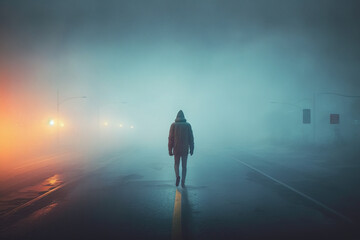 The man is walking along the misty road created with Generative AI technology
