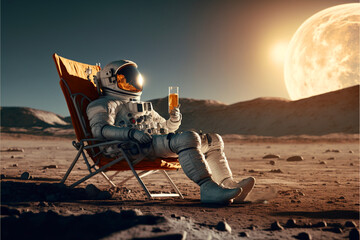 An astronaut sits on a chair and basks under the rays of a bright star while drinking beer on an alien planet, the concept of travel and lifestyle of an astronaut on another planet, art generated ai - obrazy, fototapety, plakaty