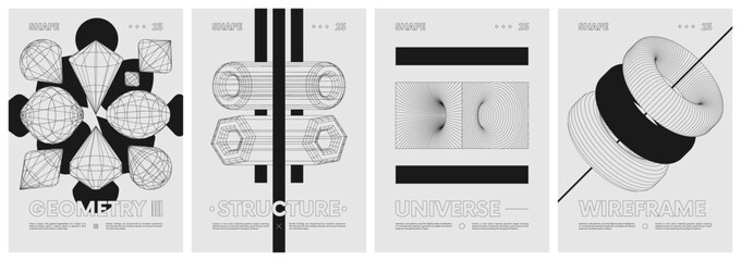 Fototapeta premium Unusual strange wireframes anti-design vector set posters inspired by brutalism, Shapes psychedelic composition in Y2k trendy style, Geometric figures, distortion and transformations