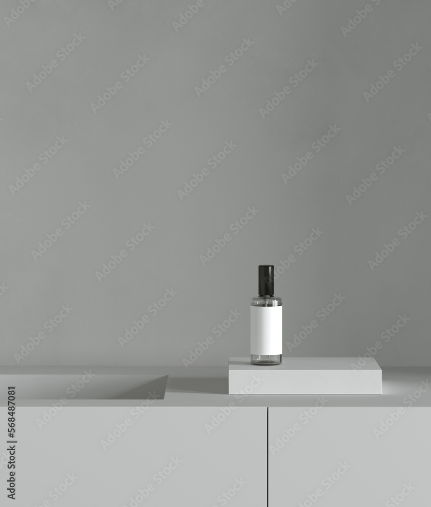 Poster minimal style mockup for product presentation. spray bottle on white podium. 3d rendering illustrati