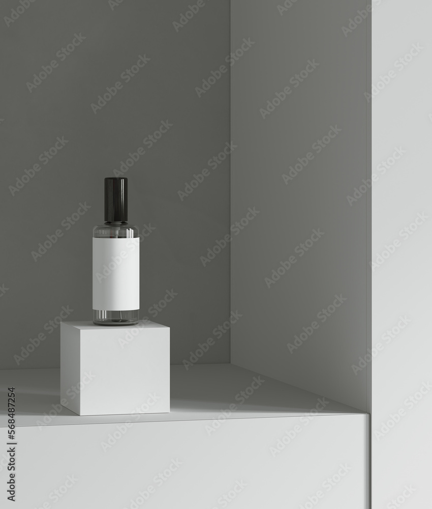 Poster minimal style mockup for product presentation. spray bottle on white product podium. 3d rendering il