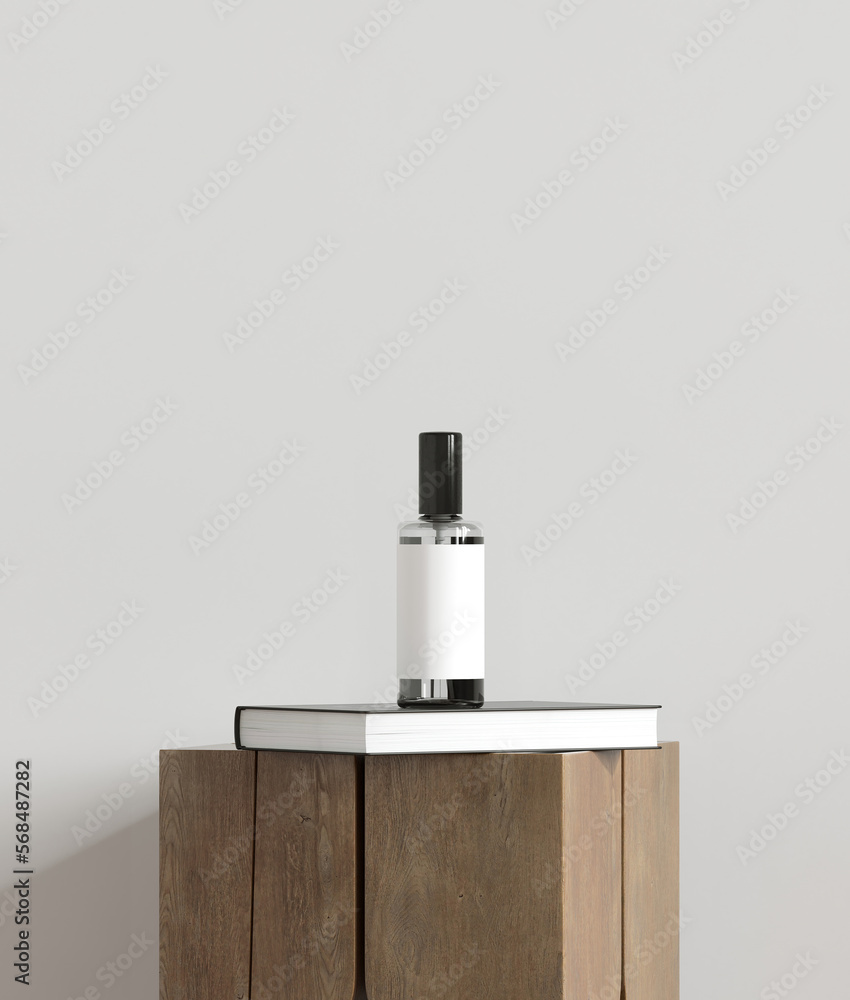Poster minimal style mockup for product presentation. minimal interior. wood stool and room spray on white 