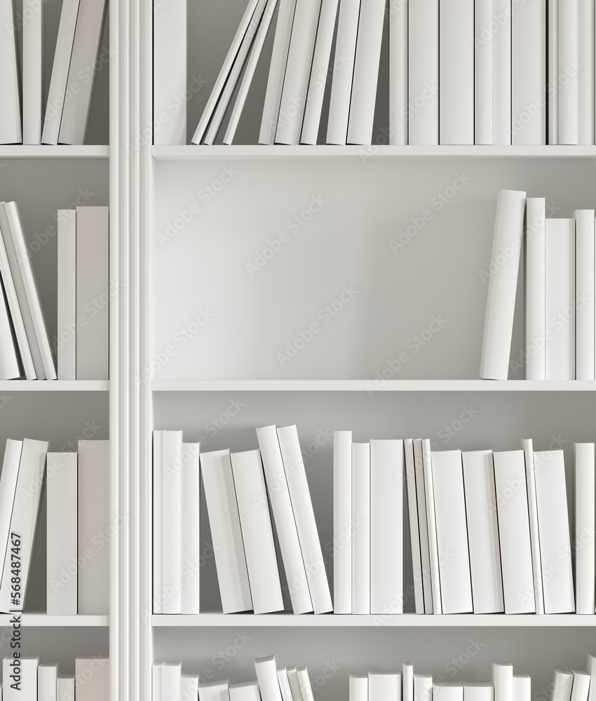 Poster minimal style mockup for product presentation. minimal interior. random book on white bookshelf back
