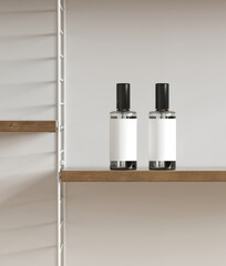 Fototapeta premium Minimal style mockup for product presentation. Minimal interior. Room spray bottle and wood bookshelf on white background. 3d rendering illustration. Clipping path of each element included.