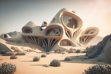 A futuristic home with flowing organic shapes that fits perfectly into the surrounding landscape. Creative concept of the future. Generative AI archtectural photography.
