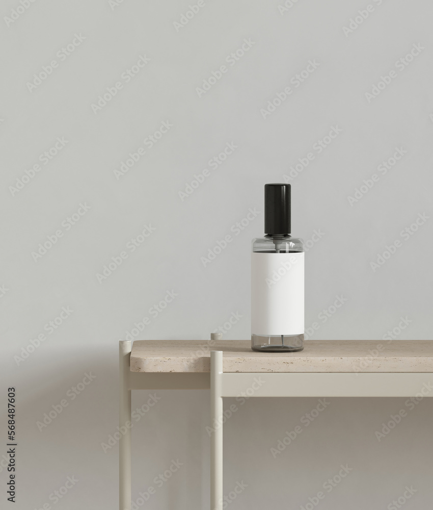 Poster minimal style mockup for product presentation. room spray bottle with side table on grey background.