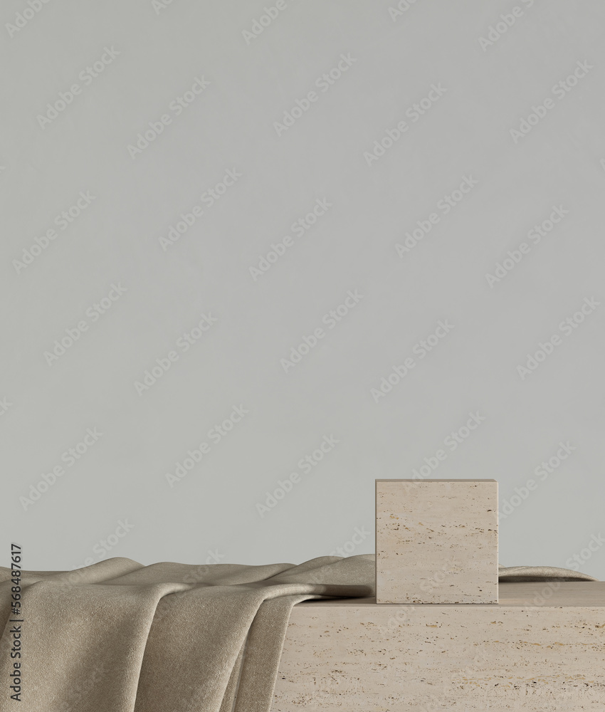 Poster minimal style mockup for product presentation. beige marble podium on grey background. 3d rendering 