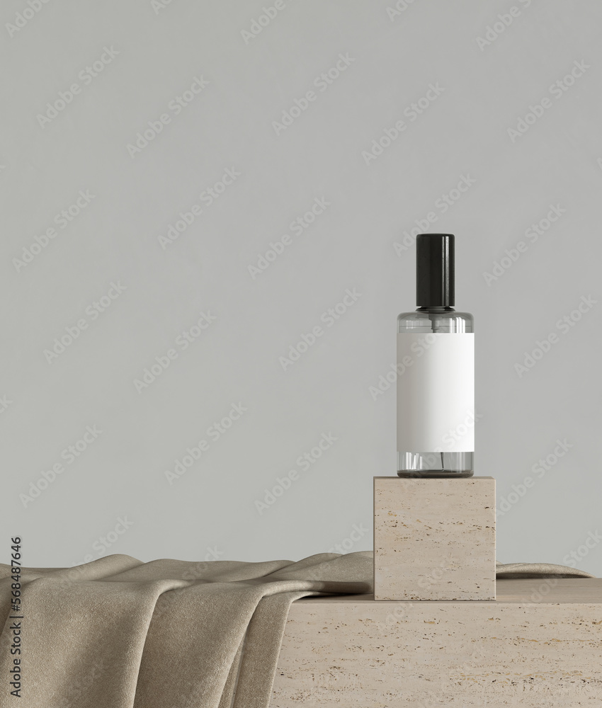 Poster minimal style mockup for product presentation. beige marble podium on grey background. 3d rendering 