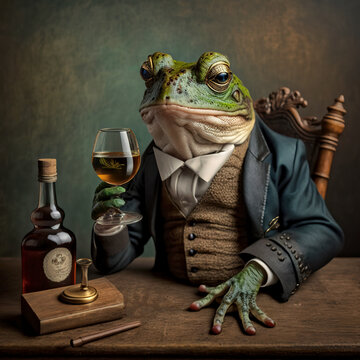 Well Dressed Frog Sitting at Table Having a Glass of Wine - AI Generative