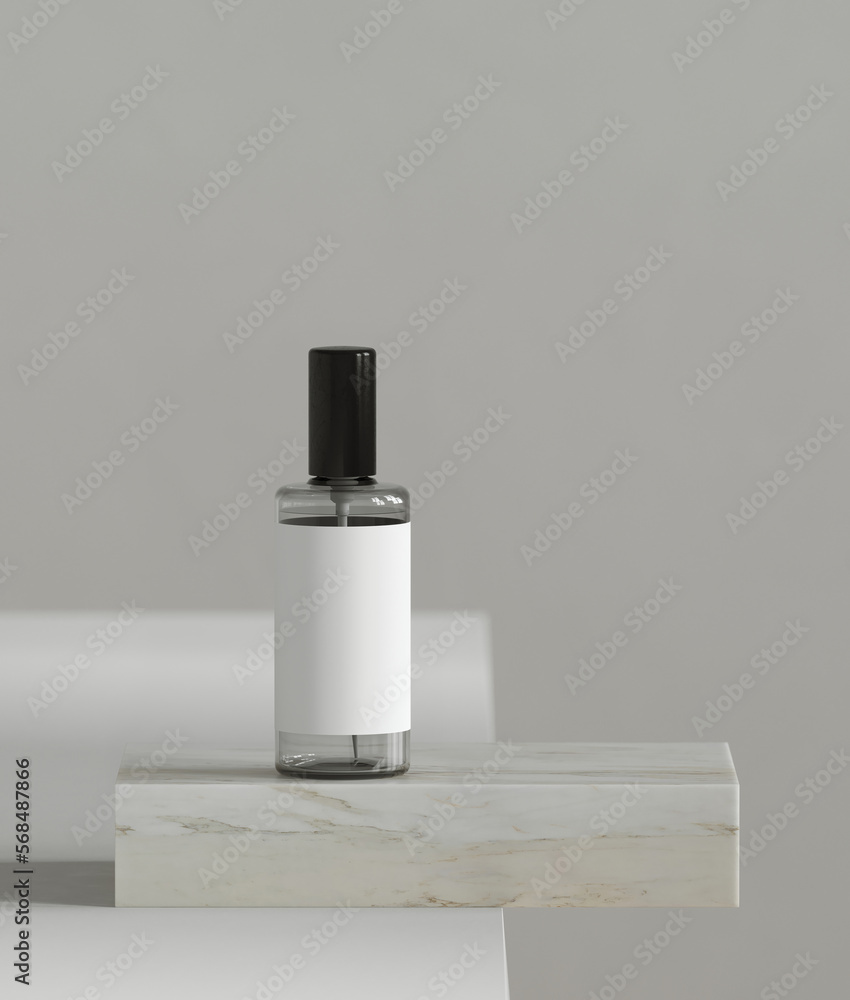 Poster minimal style mockup for product presentation. cosmetic spray bottle and marble platform on white ba
