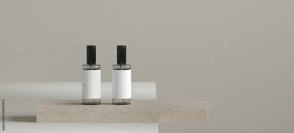 Poster minimal style mockup for product presentation. cosmetic spray bottle and marble platform on white ba