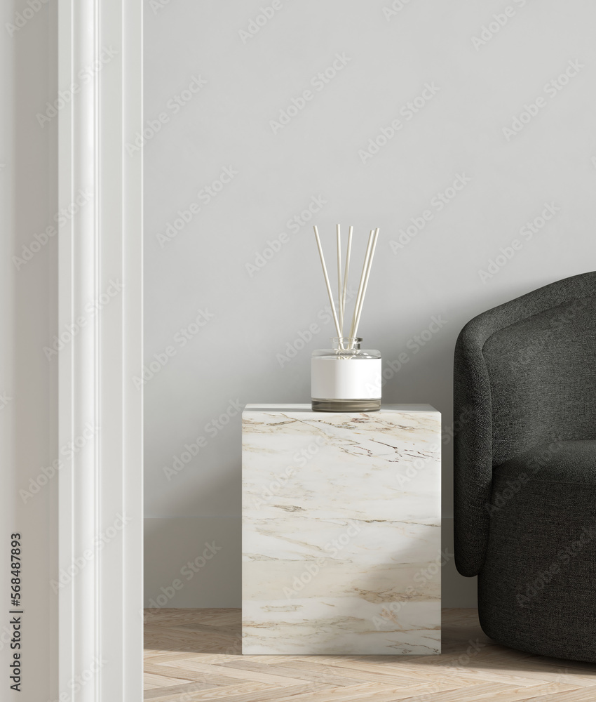 Poster minimal style mockup for product presentation. minimal interior. armchair and room spray on white st