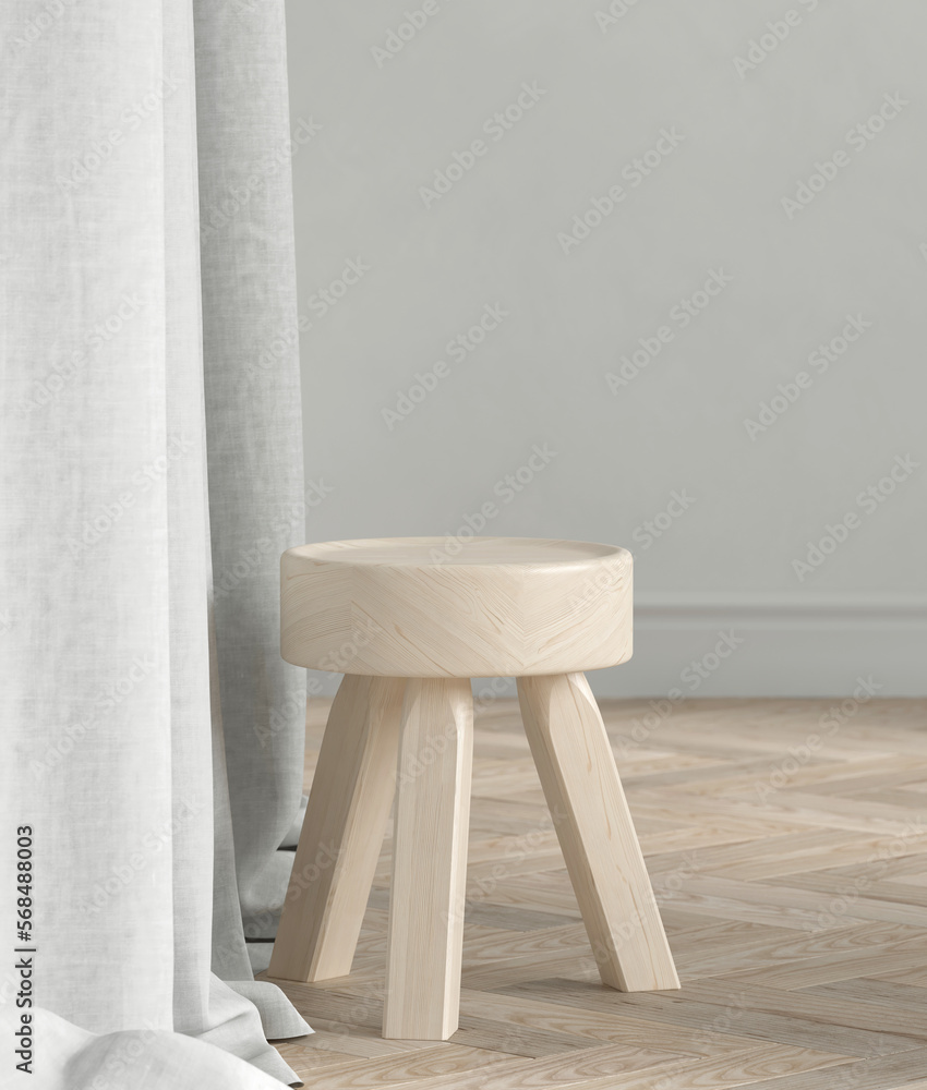 Aufkleber minimal style mockup for product presentation. minimal interior. wood stool and curtain on white stu