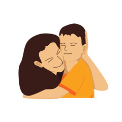 Pretty mother cuddling her cute young son flat vector illustration