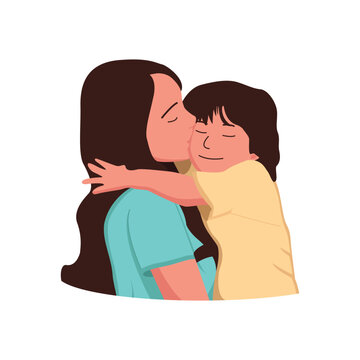 Cute young son holding and hugging his beautiful mother vector drawing