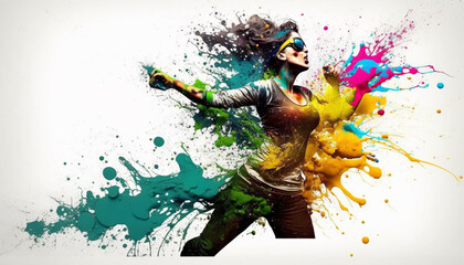 Fototapeta na wymiar Holi powder Color splash paints and girl in color isolated on white background colorful explosion, Generative ai
