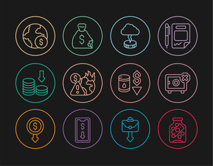 Set line Glass money jar with coin, Safe, Storm, Global economic crisis, Dollar rate decrease, Drop crude oil price and Money bag icon. Vector