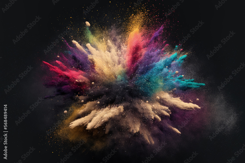 Poster an abstract burst of colourful dust against a dark background. abstract background with powder splat