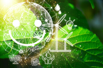 Environmental, social and governance concept in sustainable and ethical business networking on green background.