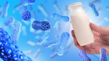 Substance microbiome. White medicine bottle in hand. Healthy nutrition to improve microbiome....
