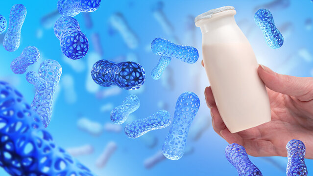 Substance microbiome. White medicine bottle in hand. Healthy nutrition to improve microbiome. Organism microbiome for immunity. Bottle with probiotic preparation. Biologically active drugs for health