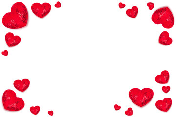 Frame made of red decorative hearts isolated on white background. Love. Valentine's Day concept. Free space for text.