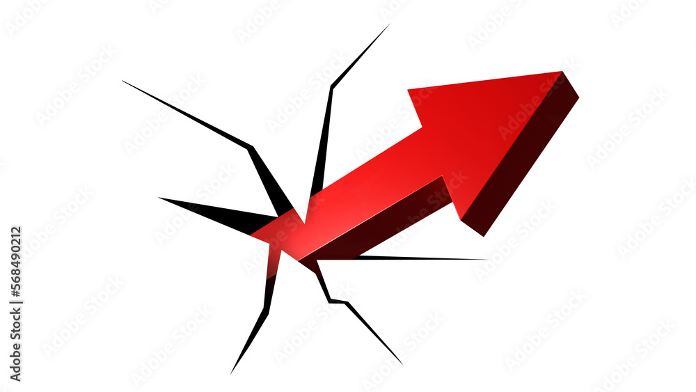 Poster red up arrow. pointer up in broken surface. growing pointer isolated. metaphor for uplift and improv