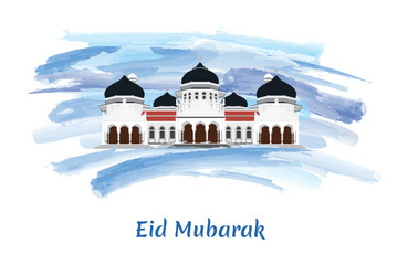 Eid Mubarak Greeting with Masjid Raya Baiturrahman Nanggroe Aceh Darussalam Vector illustration, Isolated on Blue Artistic Watercolor Painting Brush Background.