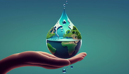 Illustration of drop of water with earth inside it, with copy space area, generated with ai tools, suitable to use for world water day, earth day, green day campaign event.