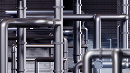Boiler room. Steel pipes are tangled. Brick room with pipeline and steam. Basement with heating equipment. Boiler technologies. Factory basement with plumbing. Boiler room without people. 3d image.