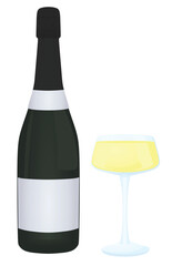 Champagne bottle with glass, vector