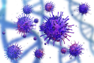 Virus that infects DNA molecule. Infection that creates genetic mutation. Bacteria near genetic chains. Genetic disease due to pathogenic viruses. Dangerous infection in human body. 3d rendering.