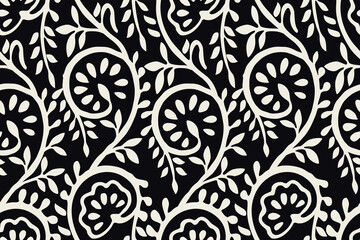 AJRAKH, SANGANER, BAGRU, TWINE FLORAL MONOCHROME BLOCK PRINT, INDIAN PRINTS BOHO PRINTS IN EDITABLE FILE
