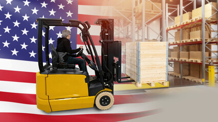 Man driving forklift. USA flag near warehouse. Warehouse business in USA concept. Employee of American storage company. Loader working in warehouse in USA. Man unloads boxes on forklift