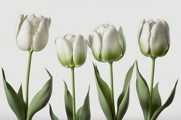 White tulips in a row on white background, easter, spring, flowers, generative AI